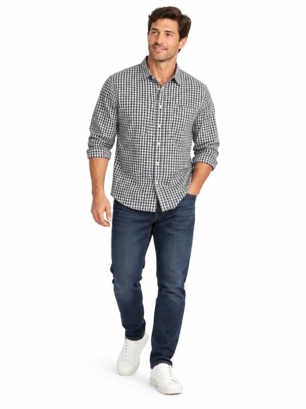 Old Navy Mens XL Gray White Gingham Button Down Shirt Stretch Cotton